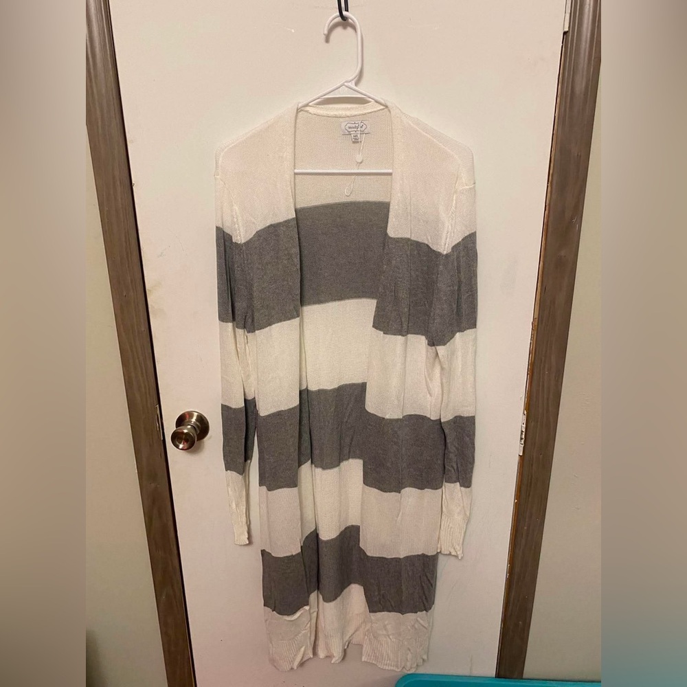 Mud Pie Long Open-Front Striped Cardigan - Gray & White
